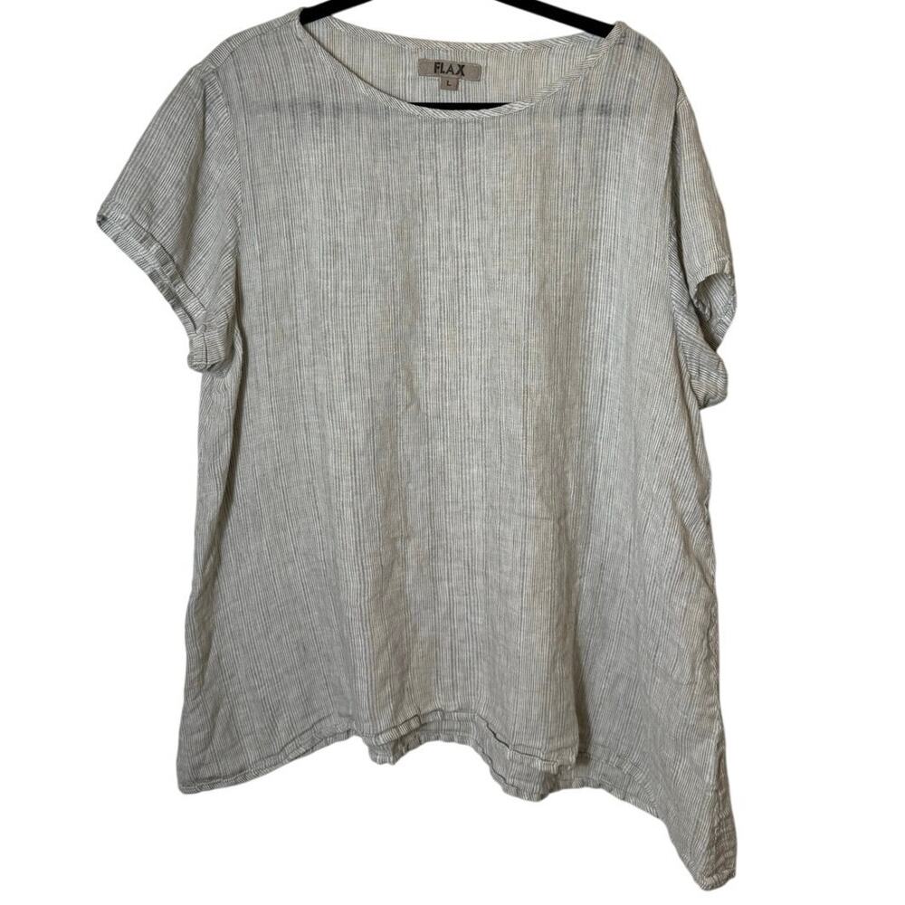 FLAX Sz L 100% Linen Oatmeal Tan Striped Coastal Lagenlook Boxy Top Granola EUC